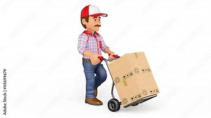 3d footage. Delivery man pushing a hand truck with boxes. Loop animation. File format mov. Isolated with white background and mask.