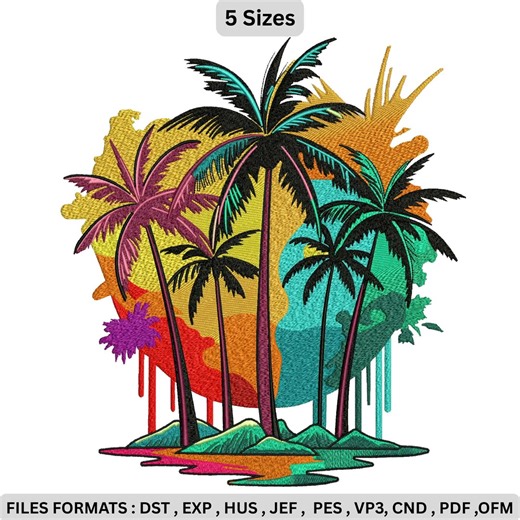 Tropical Palm Tree Embroidery Design, Colorful Sunset Island Machine Embroidery Embroidery, Summer Beach File, Instant Download. - Etsy
