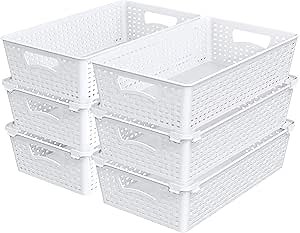 Simple Houseware Plastic Stackable Storage Basket Pantry Organizer, 6 Pack, 14.5" x 8.5" x 3.5", White
