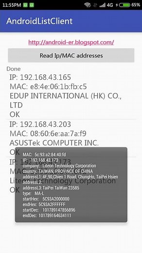 Lookup manufacturer info by MAC address, using www.macvendorlookup.com API