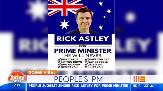 29K views · 522 reactions | People on social media are pushing for Rick Astley to take Australia's top job! The rock legend promises he will "never give you up" or "let you down!" #9Today | TODAY | Facebook