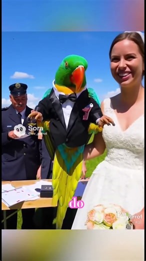 standing proudly next to his American bride, a smiling human woman in a white wedding dress holdin