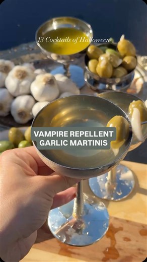 Julianna McIntosh on Instagram: "#12 Vampire Repellent Garlic Martinis, for when you want to keep your cocktails dirty and your evenings vampire-less Think savory, garlicky, martini heaven. Comment VAMPIRE and I’ll send you the full breakdown of recipes to bring the to life (pun intended) Happy (almost) Halloween 🧛‍♀️🧛‍♀️"
