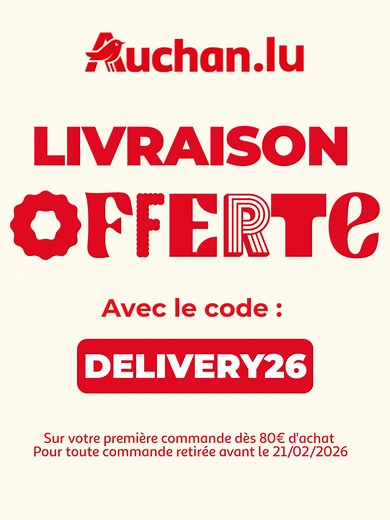 Gagnez du temps, faites-vous livrer avec auchan.lu ! En ce moment, la livraison est gratuite pour votre première commande.