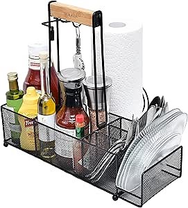 OMAIA BBQ and Grill Caddy with Paper Towel Holder, Wood Handle & 2 Hooks – Camper Accessories Condiment Caddy – Plates, Cutlery and BBQ Organizer for Camping Outdoor, RV - US Patent Pending