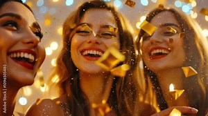 Three young women laughing and smiling with confetti falling around them.