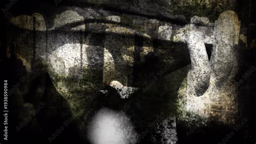 Cemetery angel weeping with graves behind her non looping horror