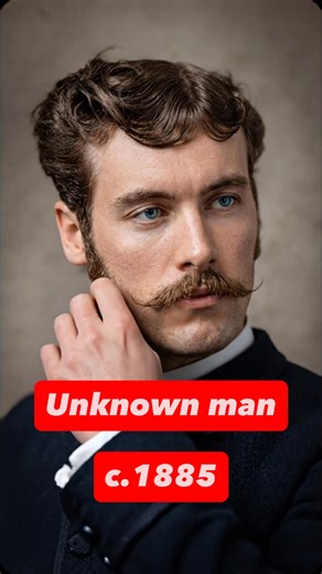 Bringing History To Life on Instagram: "An unknown but strikingly handsome man, photographed circa 1887, during the height of the late Victorian era. His carefully styled hair, narrow waxed mustache, and clean-shaven cheeks reflect popular masculine fashion of the 1880s, when grooming became a clear marker of respectability and social standing. The high stiff collar, small necktie, and dark tailored jacket place this portrait firmly in the period just before men’s fashion shifted toward broader 