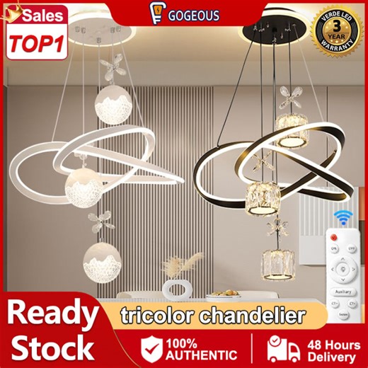 GOGEOUS Nordic chandelier light modern design tricolor dimming chandelier ceiling light sala chandeliers for low ceiling high ceiling LED pendant light drop lights chandeliers for living room chandelier for kitchen dinning stairway | Lazada PH