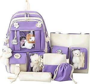 5-Piece Aesthetic Kawaii Backpack Set with Kawaii Pin and Pendants Accessories, Nylon Material | Durable & Adorable