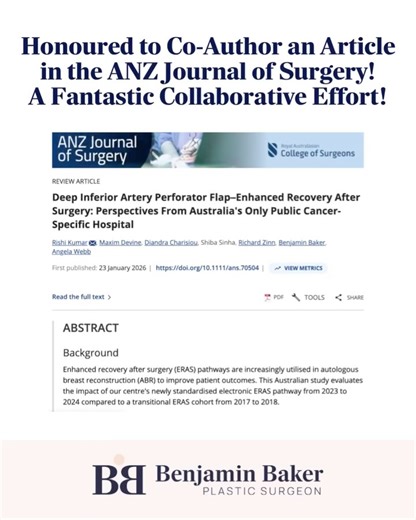 Benjamin Baker (Consultant Plastic & Aesthetic Surgeon) on Instagram: "🆕 Publication: Improving Recovery After DIEP Flap Breast Reconstruction Surgery I’m really pleased to share a paper just published in the ANZ Journal of Surgery, stemming from my time in Melbourne and collaborative work at Peter MacCallum Cancer Centre. “Deep Inferior Artery Perforator Flap – Enhanced Recovery After Surgery: Perspectives From Australia’s Only Public Cancer-Specific Hospital.” We evaluated the impact of a new