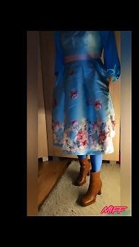 #Crossdresser #put on #brown #high #heel #ankle #boots and #Chi Chi London #dress #lycra #pantyhose