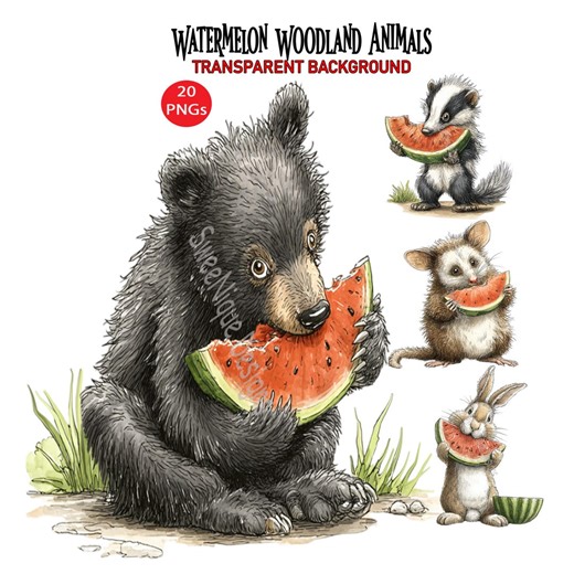 Summer Woodland Animals PNG Clipart: 20 Watermelon Graphics, Transparent Background Digital Download - Etsy