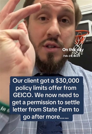 #onthisday After getting a policy limits offer for our client, I need to get a permission to settle letter from their insurance to pursue their under insured motorist coverage. The way I do this is….. •Send the at fault drivers policy limits offer letter, release and declaration page showing the limits they had and the fact they were offered to our clients insurance. •Once our clients insurance sees this, they will open an under insured motorist claim and send a permission to settle letter. That