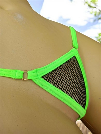 Micro string résille noir - String transparent avec bretelles vert néon, lingerie sexy minimale - Etsy France