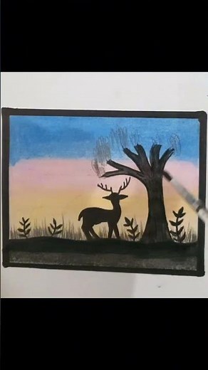 Drawing of a deer silhouette in a nature scene, moonlit sky, simple art tutorials #wilddrawing