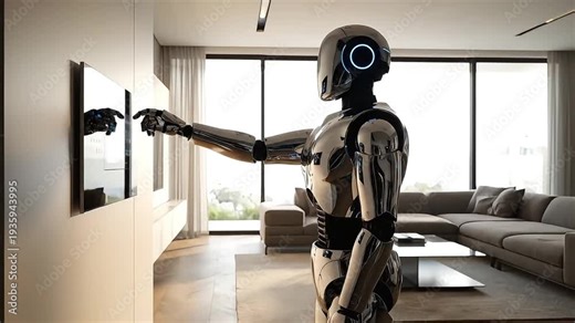 Humanoid Robot Controlling Smart Home Automation System Luxury Residential Interior 4K