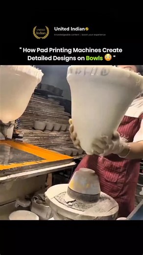 𝐔ɴɪᴛᴇᴅ 𝐈ɴᴅɪᴀɴ on Instagram: "This machine prints intricate designs on bowls using pad printing. A silicone pad presses onto an ink plate and picks up the design. The pad transfers the design onto the bowl, stretching to fit curves so every detail stays accurate. This process allows factories to produce large batches of bowls with consistent, high-quality patterns. It works on uneven and curved surfaces, making it ideal for mass production of detailed designs. . . . . #facts #knowledge #history