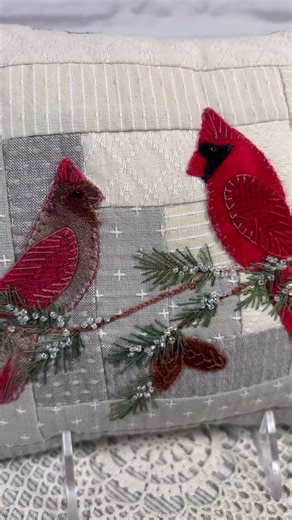 Winter Wings | 8" wool applique accent pillow #woolapplique #wool #embroidery