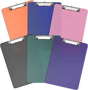 Color Clipboards 6 Pack, A4 Plastic Clear Clip Board 8.5 x 11 for Classroom, Students, Kid, Woman, Size 9" x 12.5" with Low Profile Clip, Office & School Supply