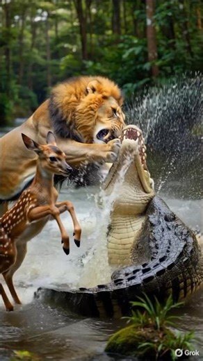 Lion Saves Baby Deer From Deadly Crocodile Attack | Dramatic Jungle Rescue Ai trick #lion #crocodile