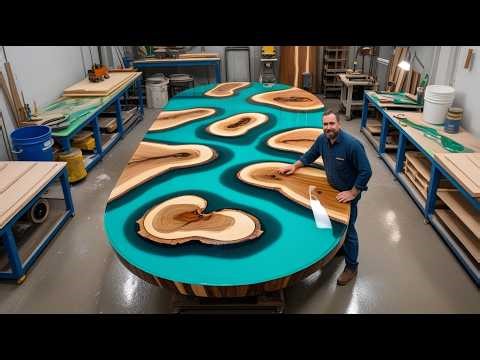Amazing Transformation: Turn Random Wood Slices And Turquoise Epoxy Into A Unique, High-Value Table;