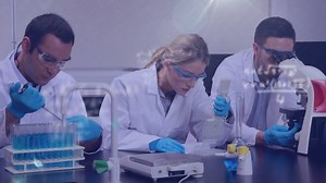 Animation of mathematical equations over diverse scientists doing equipment in laboratory. Digital composite, multiple exposure, research, teamwork, medical and healthcare concept.