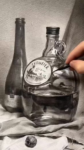 Graphite Drawing Art Gallery on Instagram: "Reflective Challenges: A masterful graphite study capturing the paradox of rendering transparency through opaque medium. This remarkable still life demonstrates exceptional technical control in depicting multiple difficult elements—the label's crisp typography, varied reflections across curved glass surfaces, and liquid volumes contained within. Note how the artist achieves the illusion of transparency not through absence but through precise observatio