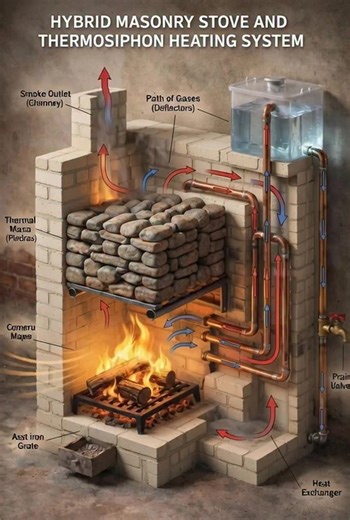 Hybrid Heating System: Masonry Stove with Thermosiphon Technology The image illustrates a hybrid heating system that combines a traditional masonry stove with a thermosiphon-based water heating circuit. This design blends ancient heating principles with simple physics to create an efficient, low-energy, and sustainable solution for home heating. Core Concept of the System At its heart, the system uses wood combustion as the primary heat source. Heat is captured in two ways: Thermal mass heating 