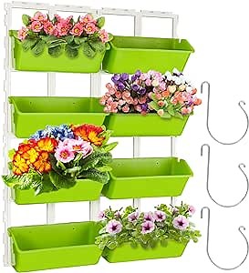 Outdoor Large balcony planter, Railing Fence Planter With Detachable Hooks For Strawberries, Flowers, Herbs, Vegetables, Perfect For Balcony Fence Deck Garden Yard 26.4inch 4 Tier 8 Pots Green
