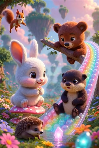 Rainbow Forest Slide Party 🌈🍄✨ Adorable baby animals having the best time in a magical forest: a fluffy white bunny holds a flower on a giant mushroom, a cute bear cub and otter zoom down a sparkling rainbow slide, a tiny hedgehog smiles from below, and a squirrel leaps joyfully above pure giggles, friendship and dreamy wonder! 🐻🦦🐰💕 #fyp #bear #bunny #slide #hedeghog