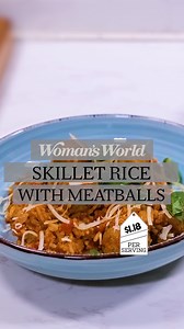 Introducing our latest weeknight dinner obsession: skillet rice with meatballs! Our test kitchen’s recipe makes it easy to jazz up plain frozen meatballs, cooking up in as quick as 35 minutes and priced at just $1.18 per serving! Learn how to make this deliciously saucy dish and find written instructions here. https://www.womansworld.com/recipe/dinner/skillet-rice-with-meatballs-recipe | Woman's World