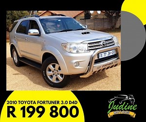 Travel all of our roads with this 2010 TOYOTA FORTUNER 3.0 D4D @ R199,800 This Fortuner offers the following extras: MULTI FUNCTION STEERING, POWER STEERING, ELECTRIC WINDOWS, CENTRAL LOCKING, AIR CON, AIR BAGS, RADIO/CD, LEATHER SEATS, SIDE STEPS, BULL BAR, TOW BAR Transmission: Manual Fuel Type: DIESEL Contact one of our friendly salesmen for assistance on 011826 2044 / info@judinemotors.co.za. Judine Motors, an IDA Dealer, has a excellent reputation as a local dealership for 20 successful yea