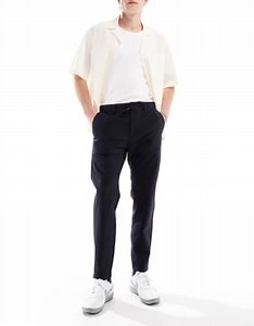 BOSS Orange Chino-Tapered textured drawstring trousers in navy | ASOS