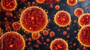 Viruses and leukocytes on a blur background under a microscope, Virus Cells flowing concept. Close-up of dissolving virus under microscope, Microscopic view of floating influenza virus cells, cell bio