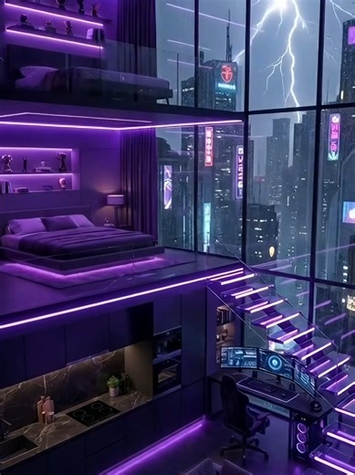 Cyberpunk futuristic interior animation. Animated neon lights with glowing effects. City skyline alive with moving lights. Rain and lightning effects. High-tech atmosphere, ultra sharp details. Cinematic gaming style, realistic motion.