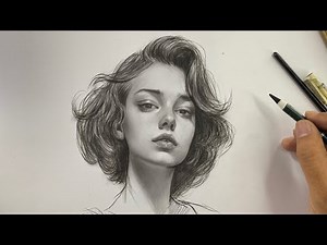 Girl portrait drawing in charcoal pencil and paper stump