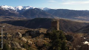 Aerial shot of the World's Largest Solar Furnace located in Font-Romeu-Odeillo-Via (France), a commune in the sunny Pyrenees mountains on the French-Spanish border. Four solaire