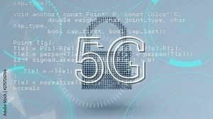 Icons and a 5G written in the middle of a futuristic circles with program codes in the background.