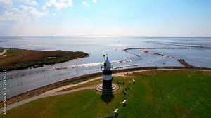 Little Preusse lighthouse - Wurster North Sea coast - Wremen - Northern Germany - rising aerial view with fantastic views of the Weser estuary in the Wadden Sea
