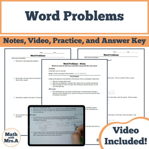 Word Problems | Notes, Video Lesson, Worksheet | Algebra 1