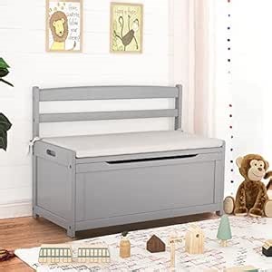 Curipeer Kids Storage Box, Gray Rubber Wood Box, Large Storage Cabinet with Cushion Seat Bench/Flip-Top Lid/Safety Hinge, Storage Organizer Trunk for Nursery