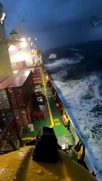 Container Ship Navigates a Massive Storm at Night #Storm