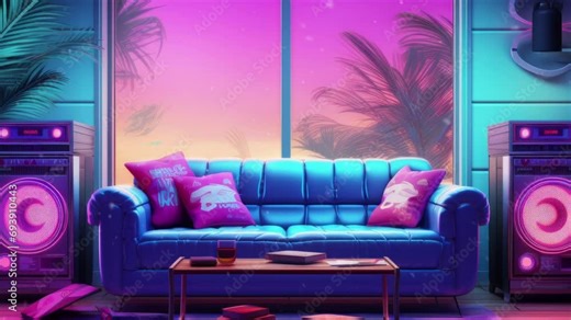 Synthwave tech Retro vintage stereo jukebox in a chill living room with neon vaporwave color mood - Seamless loop animation, created using AI Generative Technology Stock Video