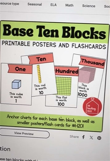 Base Ten Block printable flashcards and posters!! Perfect for a number line in your classroom, reference points for students, and even a printable to take home for extra support! These are the cutest color, clean and simple to understand, not too distracting or busy - just what you need when covering base ten number sense!! Linked at my @Teachers Pay Teachers store in my bio or linked in the comments below!! #teachersoftiktok #teachersontiktok #tptseller #teachers #tpt