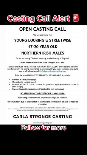 Casting call for males from #northernireland for a tv series shooting in #belfast and #england #uk #tvseries #ireland #netflix #castingcall #audition #opencasting #selftape #disney #actor #actorlife #howtobeanactor #british #irish #itv #bbc