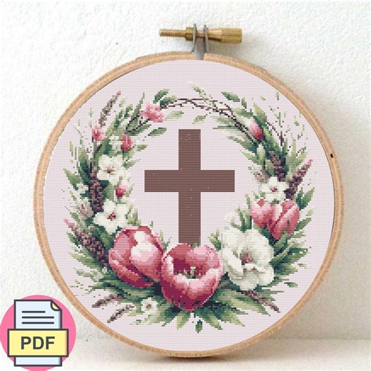 Floral Cross Cross Stitch Pattern PDF, Spring Wreath Christian Embroidery Design, Tulip and Vine Religious Art, Instant Download Chart - Etsy