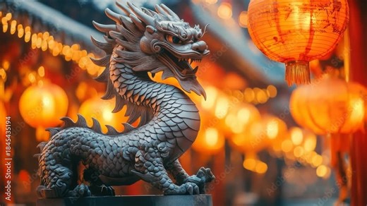 Statue of a dragon with glowing Chinese lanterns celebrating the Chinese New Year 2026, year of the Dragon, featuring golden lights and traditional festive decorations.