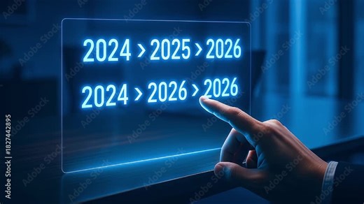 2024 2025 2026 year futuristic touchscreen display hand finger interaction futuristic touchscreen calendar showing 2024 2025 2026 with hand gesture navigating years blue neon light modern office