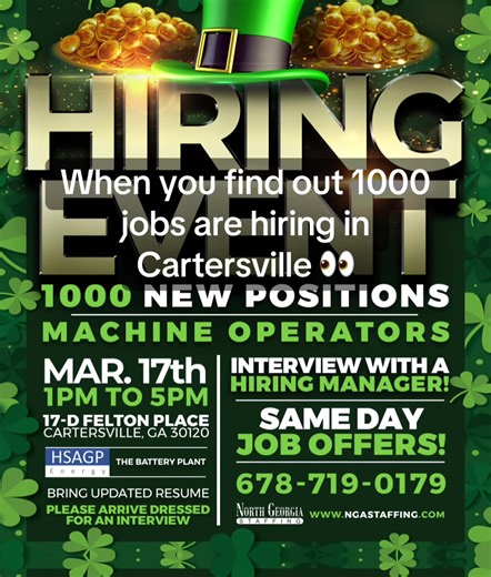 🚨 CARTERSVILLE JOB ALERT🚨 1000 Machine Operator positions are hiring RIGHT NOW. ✔️ Interview with a hiring manager ✔️ Same day job offers ✔️ Walk in ready to work 📍 Cartersville, GA 🗓 March 17 | 1PM–5PM Tag someone who needs a job ASAP 👇 #CartersvilleGA #GeorgiaJobs #NowHiring #HiringEvent #manufacturingjobs